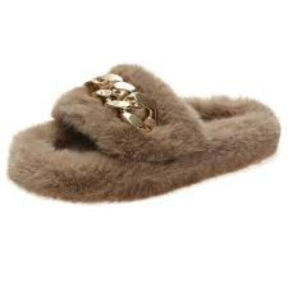 Cupshe One Band Gold‎ Chain Fur Slippers Khaki Size 10